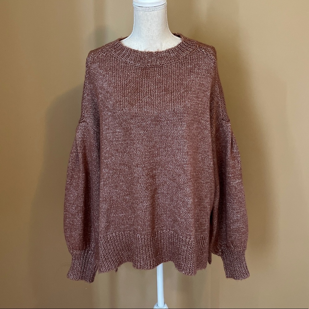 Ava & Viv 1X Brown/ Silver Metallic Puffed Long Sleeve Sweater